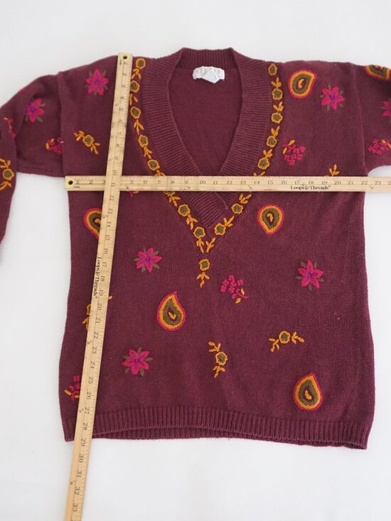 Vintage Studio Michelle Stuart Maroon Cotton Knit Floral V-Neck Sweater M - Picture 4 of 11